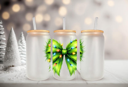 UVDTF Decal Green Guy Coquette Bow Christmas Lights 16oz Can Glass Mug Tumbler, Christmas Decal, Ready to apply, Permanent Adhesive