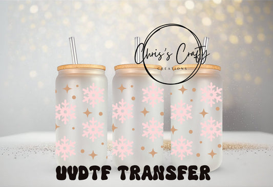 UVDTF Wrap Pink Snowflakes 16oz Can Glass Mug Tumbler, Ready to Apply, Permanent Waterproof Adhesive