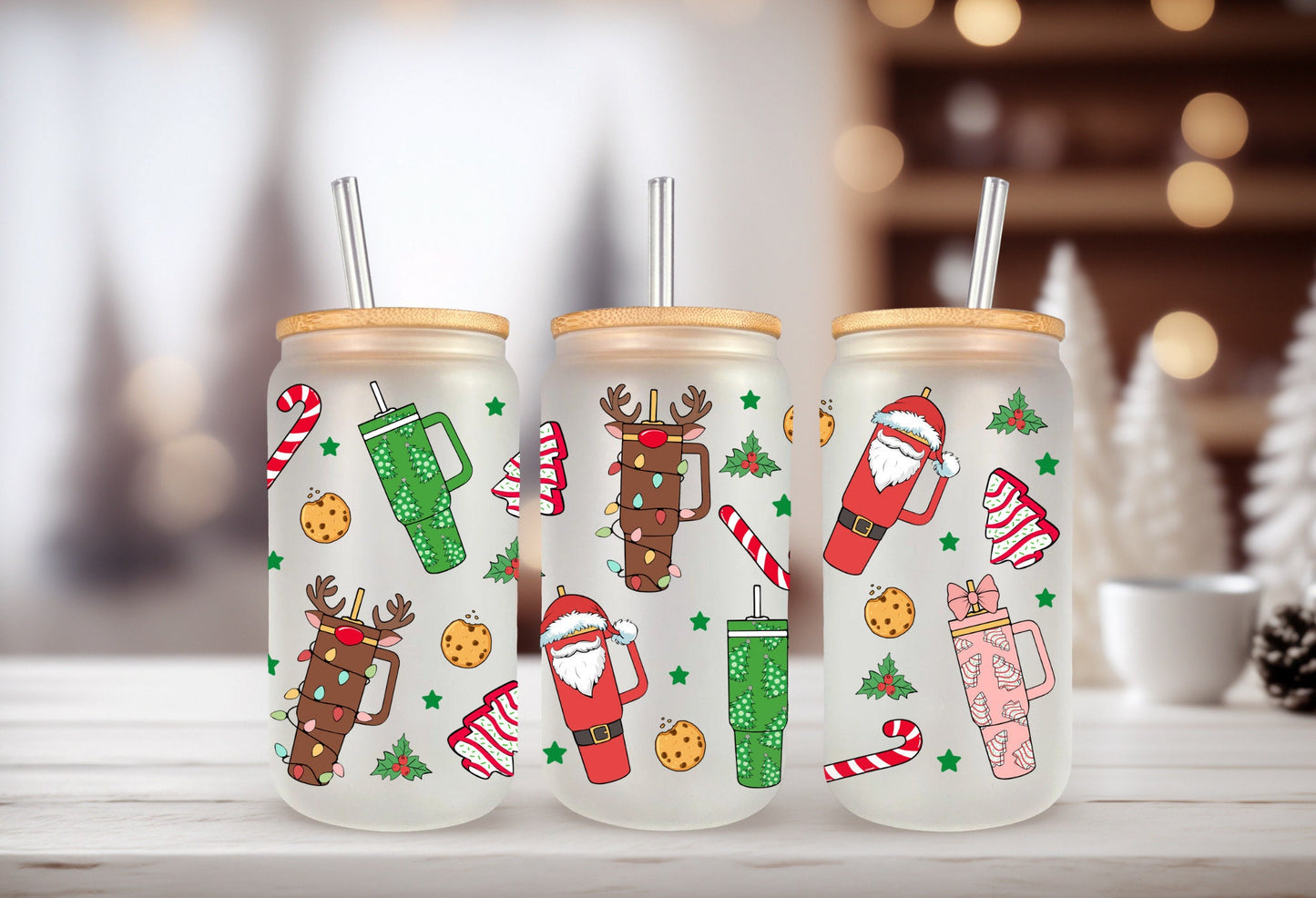 UVDTF Wrap Christmas Tumblers Santa Reindeer Tree Cakes for 16oz Can Glass Mug Tumbler, Ready to apply, Permanent Waterproof Adhesive
