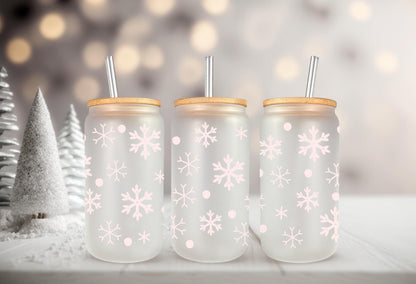 UVDTF Wrap Light Pink Snowflakes 16oz Can Glass Mug Tumbler, Ready to Apply, Permanent Waterproof Adhesive