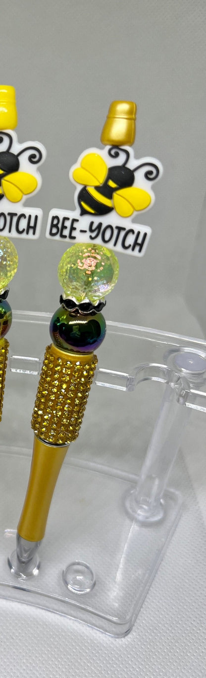 Bee-yotch Bee Yellow Beaded Pen, Fun Pens Acrylic Beads, Custom Pen, Retractable Ink Pen, Gifts