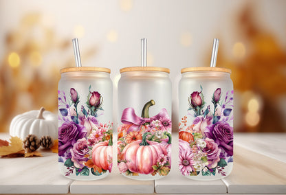 UVDTF Wrap Fall Pumpkin Pink Floral 16oz Can Glass, Mug, Tumbler Wrap, Ready to Apply, Permanent Waterproof Adhesive