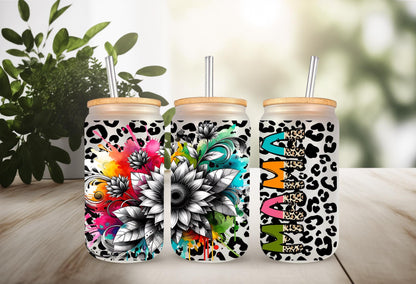 UVDTF Wrap Floral Mama Leopard Print 16oz Can Glass Mug Tumbler, Ready to apply, Permanent Waterproof Adhesive