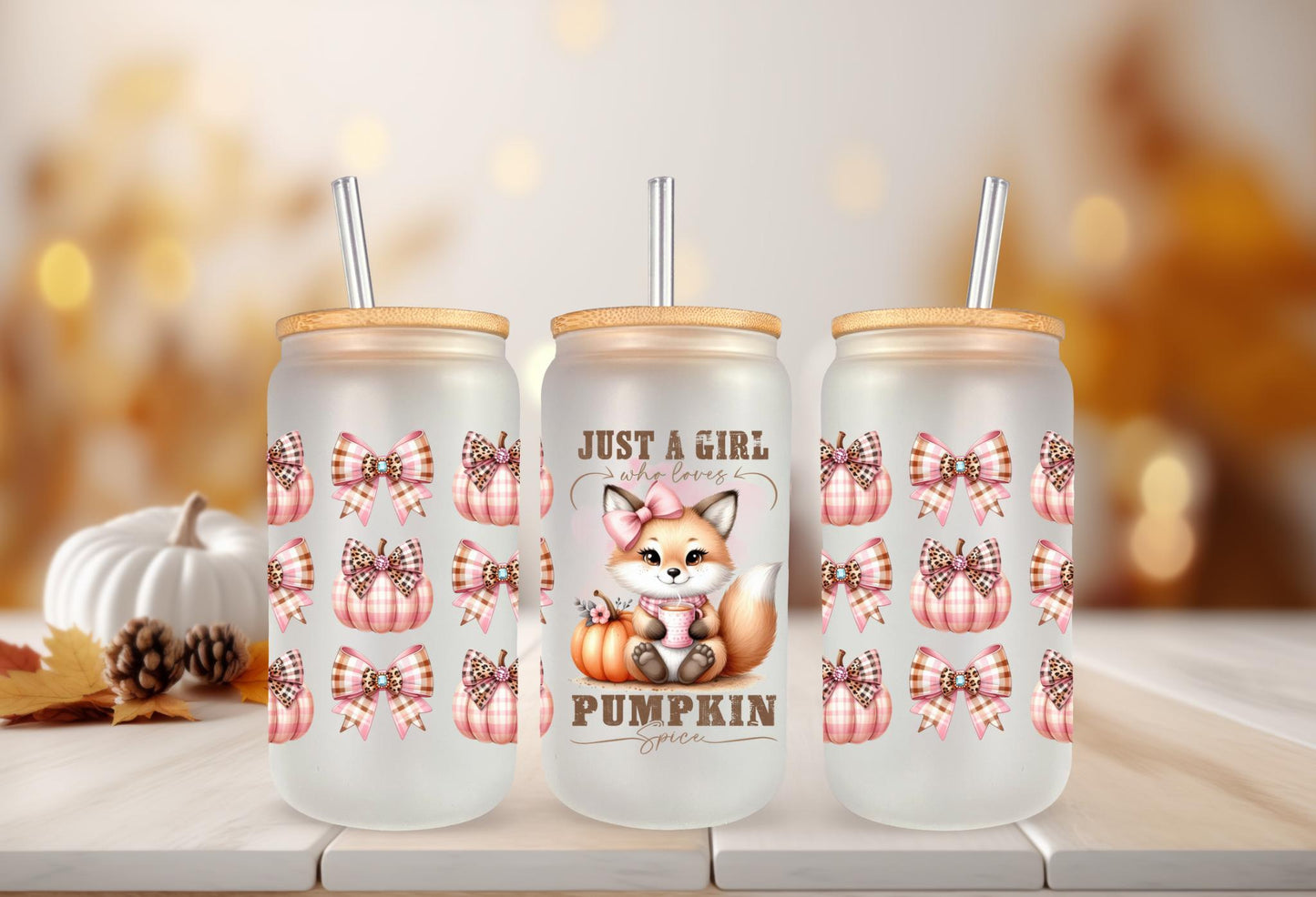 UVDTF Wrap Just a Girl Who Loves Pumpkin Spice for 16oz Can Glass Mug Tumbler, Fox Wrap, Ready to apply, Permanent Waterproof adhesive