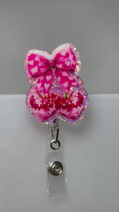 Badge Reel Bow - Disco Cherry Design Retractable ID Badge Holder Gift