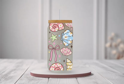 UVDTF Wrap Colorful Seashells 16oz Can Glass Mug Tumbler, Ready to apply, Permanent Waterproof Adhesive, Add on a Cup