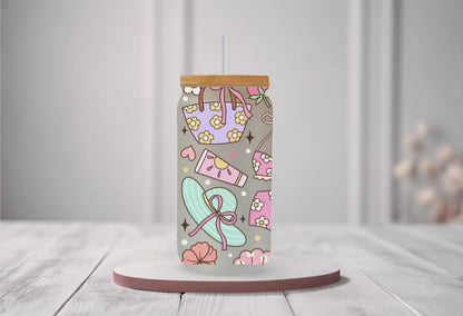 UVDTF Wrap Girly Floral Beach 16oz Can Glass Mug Tumbler, Ready to apply, Permanent Waterproof Adhesive, Add on a Cup (Copy)
