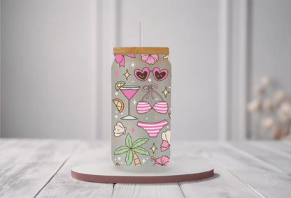 UVDTF Wrap Girly Flamingo Beaches 16oz Can Glass Mug Tumbler, Ready to apply, Permanent Waterproof Adhesive, Add on a Cup