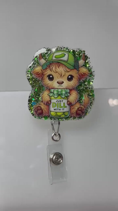 Funny Highland Cow Badge Reel – ' Green Glitter Design with Cartoon Animal for ID Holders