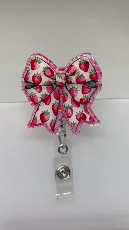 Strawberry Bow Badge Reel – Glittery Pink Design for ID Holders and Cute Accessories