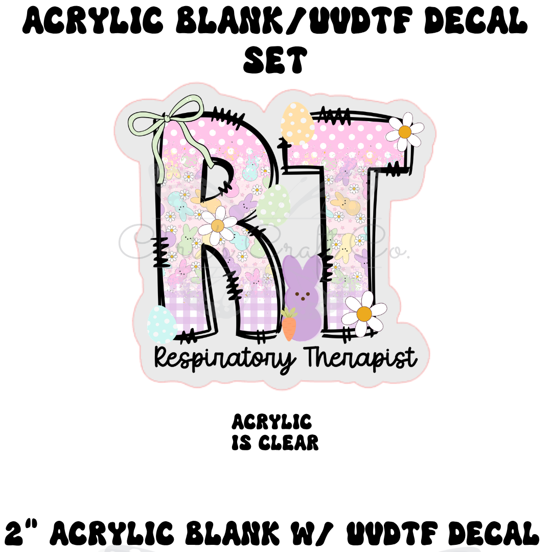 Acrylic blank with UVDTF decal for Respiratory Therapist, featuring decorative elements on a white background.